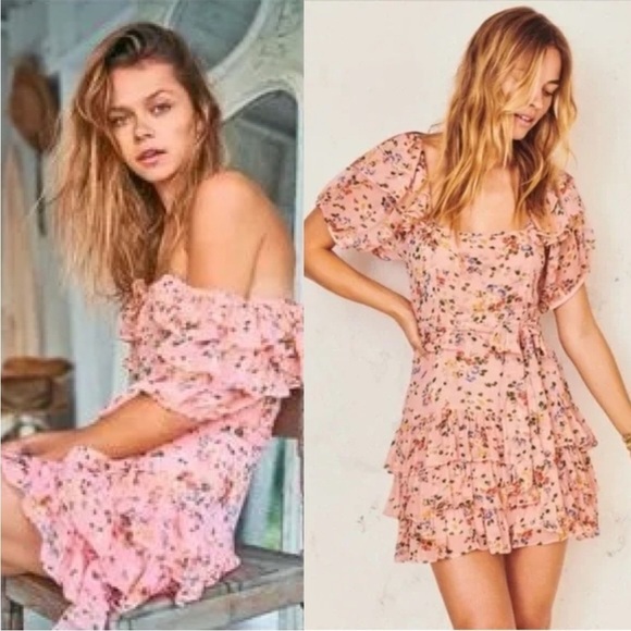 NEW! LoveShackFancy- Pink Floral Ruffle Accent Square Neck Kimber Mini Dress S - Picture 1 of 9